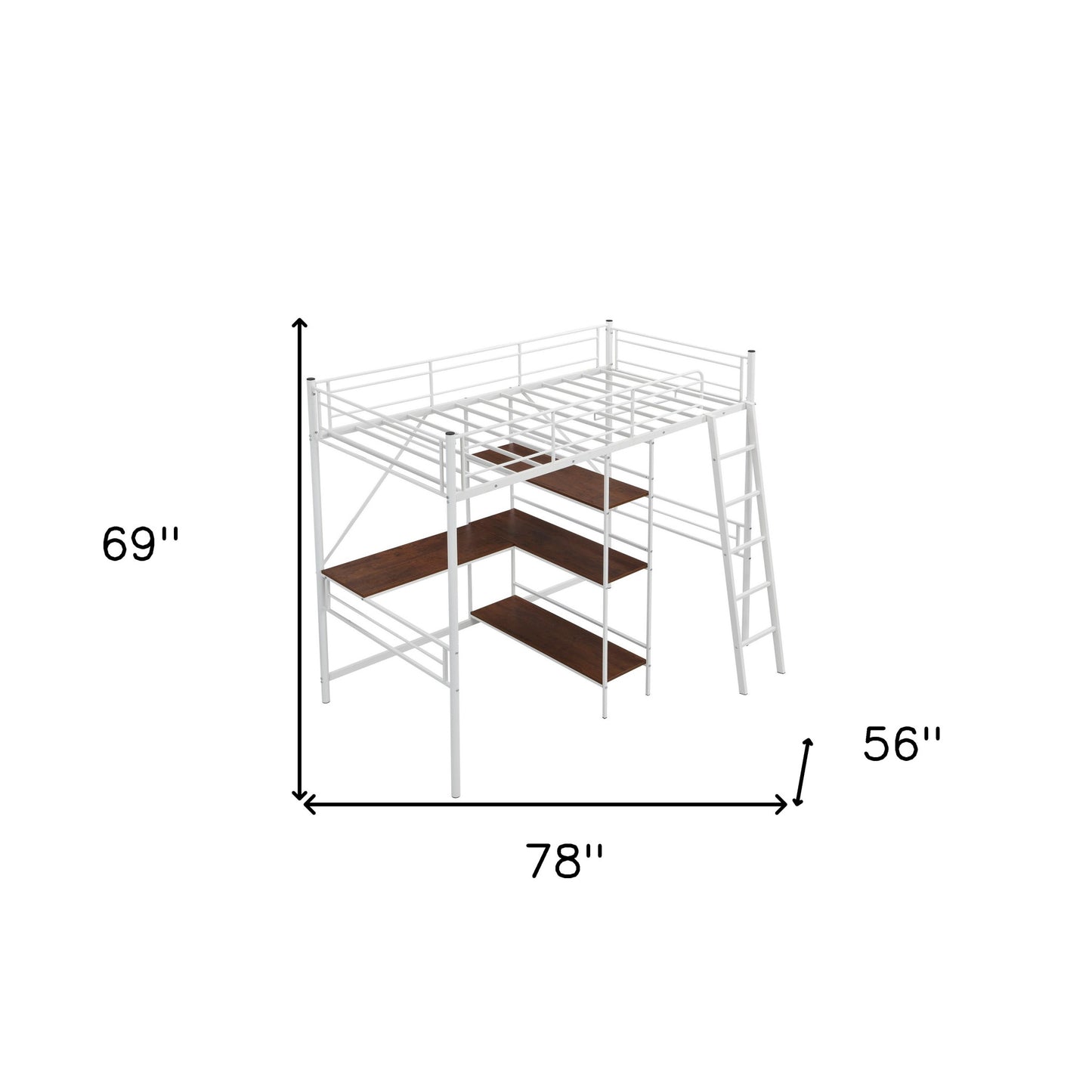 White Twin Size Metal Loft Bed With Desk and Shelves